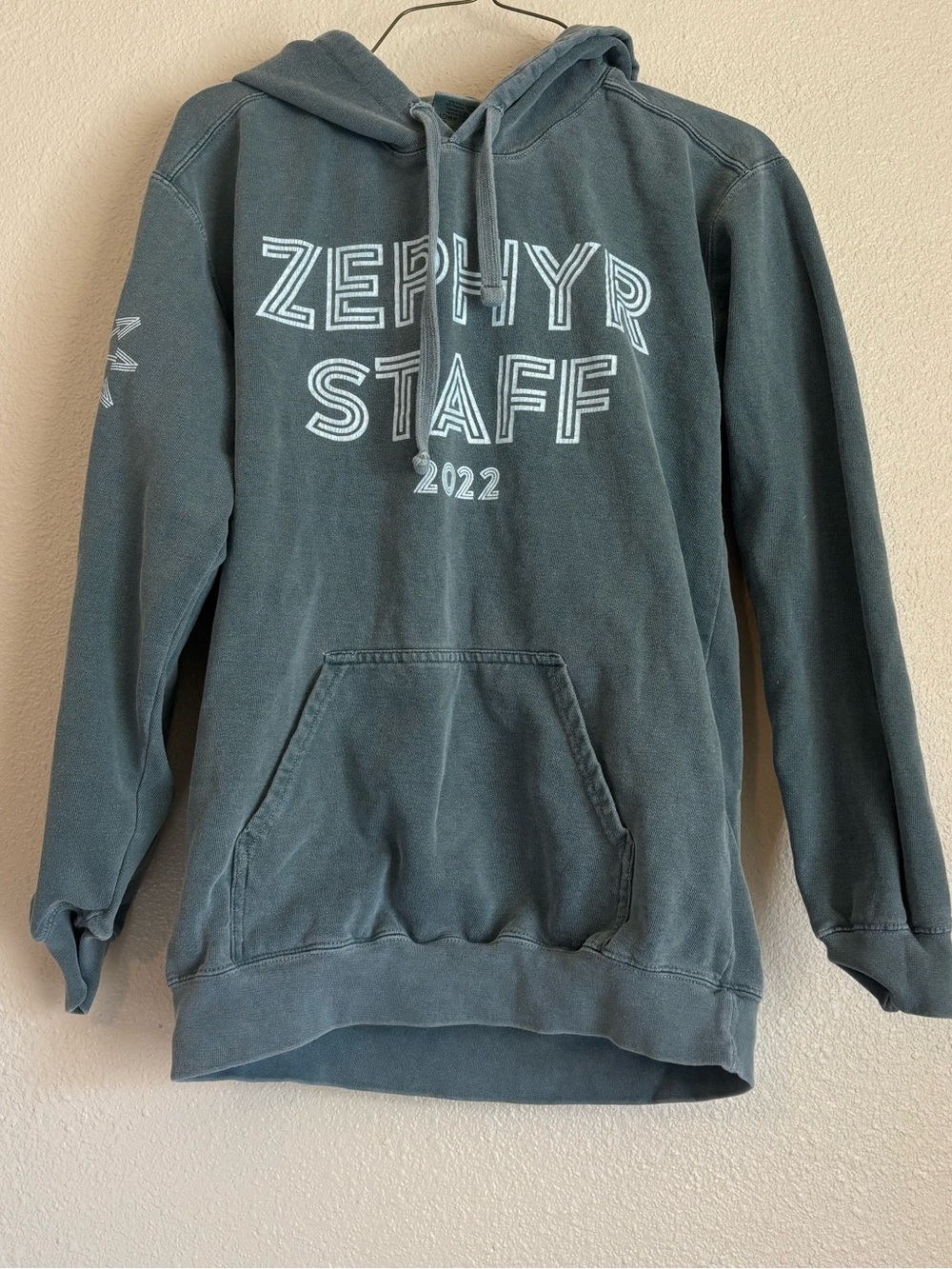 Zephyr Slate Green Crewneck Hoodie with White Staff Graphic